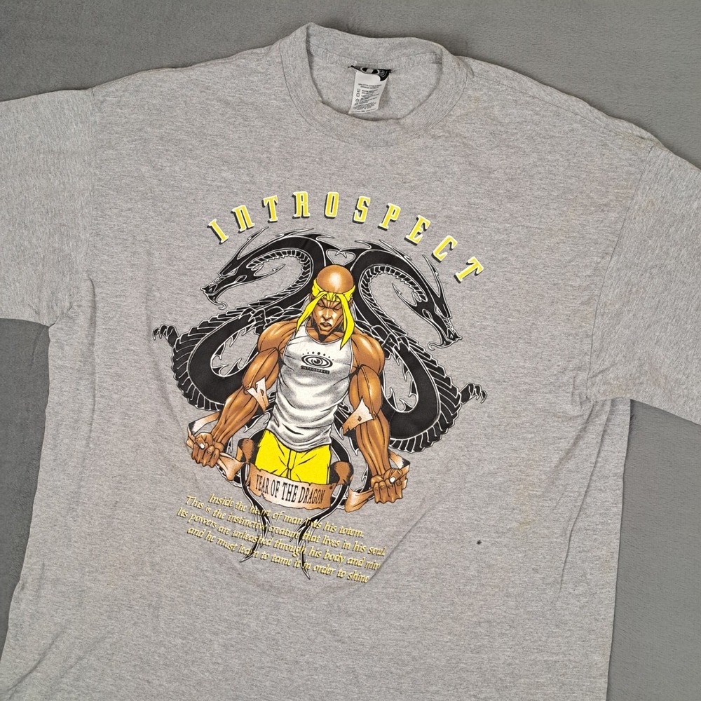 VTG Introspect Graphics T-shirt Mens 2XL Gray Year‎ Of The Dragon Streetwear Y2K